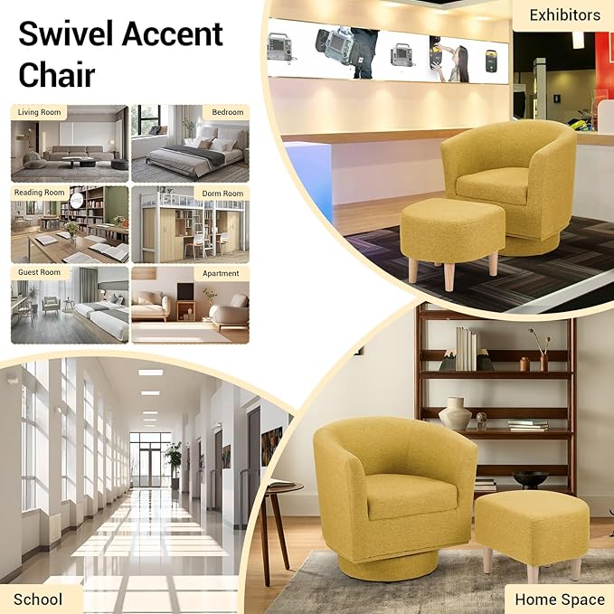 DAZONE Swivel Accent Chair with Ottoman, Modern 360° Barrel Chairs for Living Room, Bedroom, Comfortable Upholstered Club Tub Reading Chair, Yellow