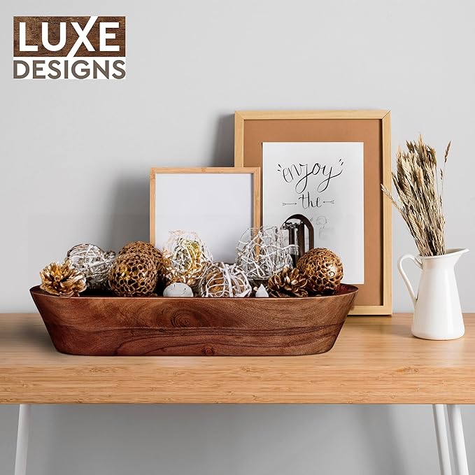 Luxe Designs Wooden Dough Bowl - Dark Burnt Acacia Wood - Handmade Decorative Bowls for Home Decor, Bathroom, Kitchen Counter, & More - Rustic Large Wood Dough Bowl for Decor, Cosmetics, and Keys