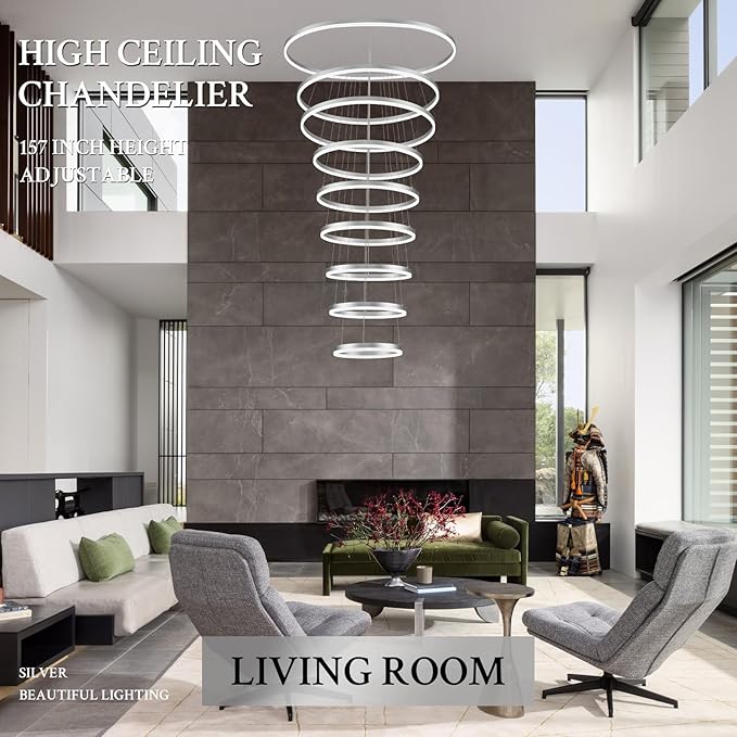 9-Rings D39.4’’ Modern LED Chandelier Silver Dimmable High Ceiling Foyer Chandeliers Entryway with Remote Control for Staircase Entryway Living Room Foyer, 3000K-6500K