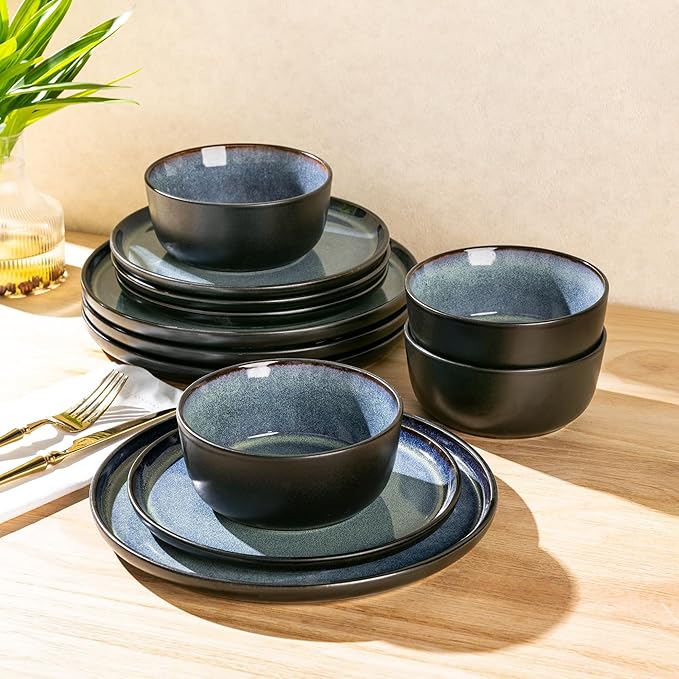 AmorArc Stoneware Dinnerware Sets,Round Reactive Glaze Plates and Bowls Set,Highly Chip and Crack Resistant | Dishwasher & Microwave Safe Dishes Set,Service for 4 (12pc)