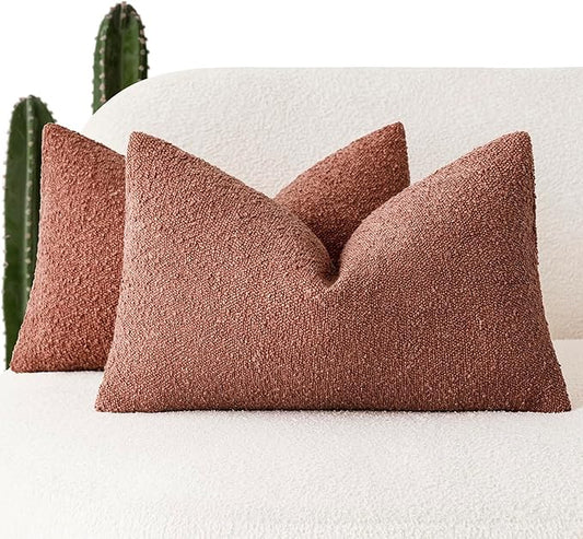 Foindtower Pack of 2 Textured Boucle Throw Pillow Covers Accent Solid Decorative Lumbar Pillow Cases Cozy Couch Cushion Case for Chair Sofa Bedroom Living Room Home Decor 12x20 Inch Orange Rust Red