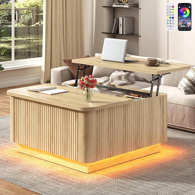 Lift Top Coffee Table with Storage,Wood Square Coffee Tables W/6000-Colors Lighting,Multi-Function Groove Texture Center Table W/Large Hidden Space for Living Room,Bedroom,Home,Office(OAK)