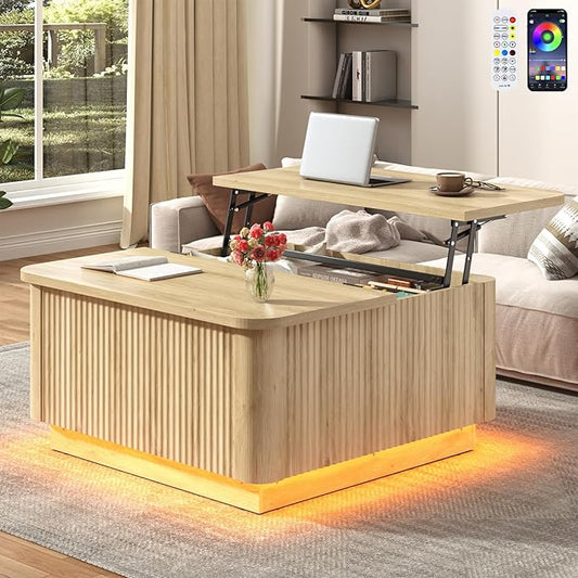 Lift Top Coffee Table with Storage,Wood Square Coffee Tables W/6000-Colors Lighting,Multi-Function Groove Texture Center Table W/Large Hidden Space for Living Room,Bedroom,Home,Office(OAK)