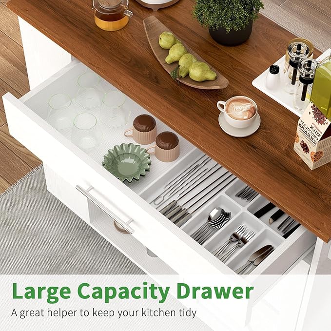 4 EVER WINNER Kitchen Island cart with Storage on Wheels, Kitchen Island with Storage Cabinet, Spice Rack & Towel Rack & Drawer, Kitchen Island Cart with Open Shelves for Dining Room,White