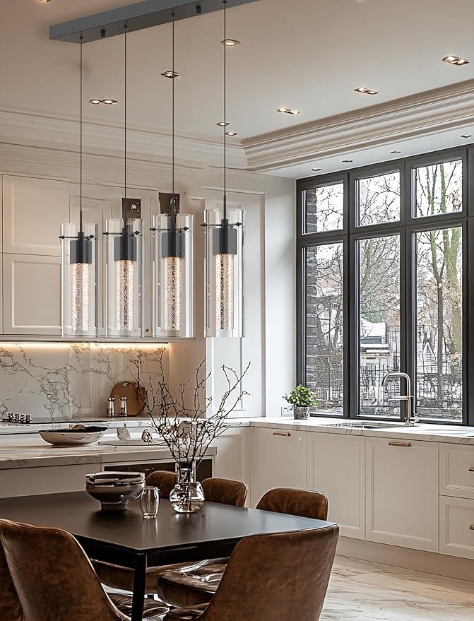 Alice 4-Light Chandelier Pendant Ceiling Light, Integrated Led and Bubble Glass, for Kitchen Island, Hallway, Entryway, Passway, Dining Room, Bedroom, Balcony Living Room (Black)