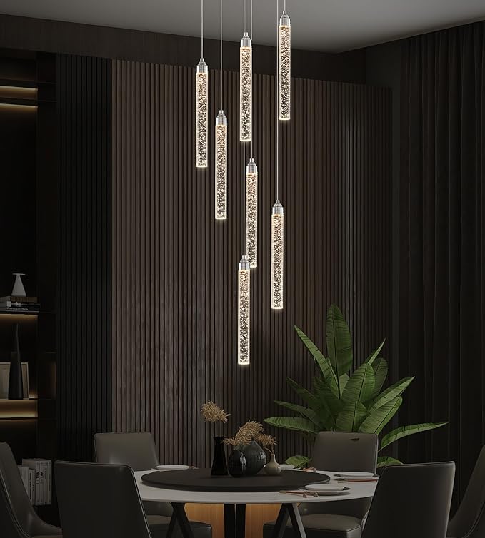 7-Lights High Ceiling Crystal Staircase Chandelier Chrome Pendant Lights Modern Spiral Raindrop Dimmable LED Bubble Cluster Ceiling Hanging Lighting Fixture for Foyer Living Room Remote Control