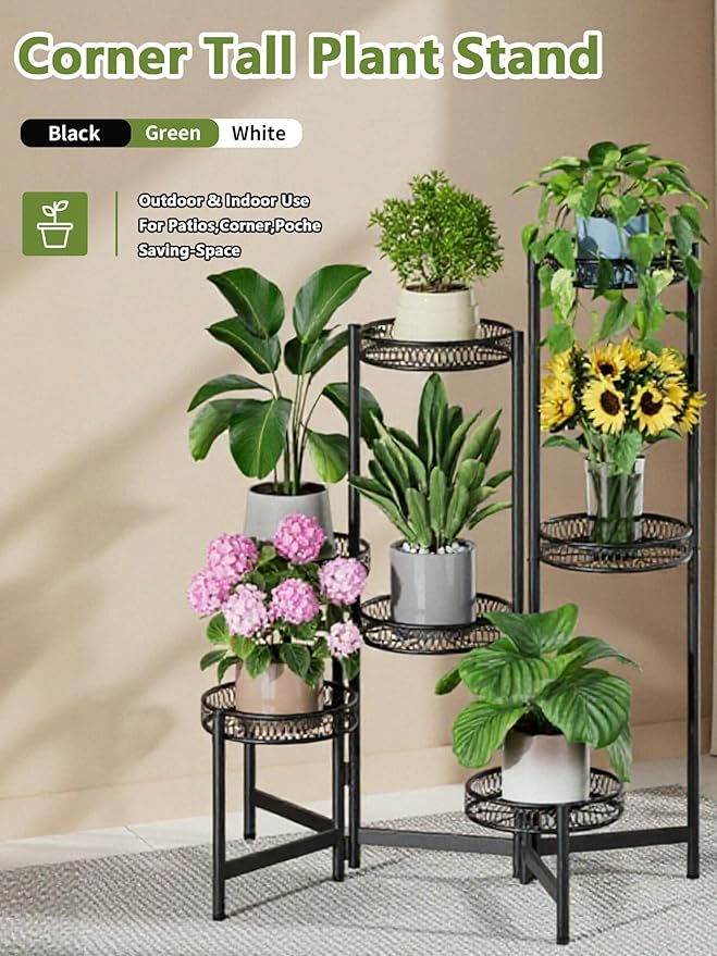Plant Stand Indoor Outdoor, 7 Tier Large Plant Stand with 7.9-Inch Wide Drainage Tray, Tiered Corner Metal Iron Flower Display Holder Shelf, Folding Tall Rack for Patio Balcony Porch - BlackFlower