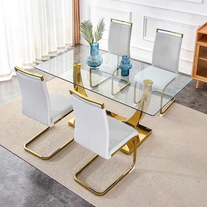 63” Glass Dining Table Set for 4,Gold Dining Room Table Set for 4,Modern Kitchen Table and PU Leather Chairs for 4, Dinner Table with Rectangle Tempered Glass Top and Golden Base