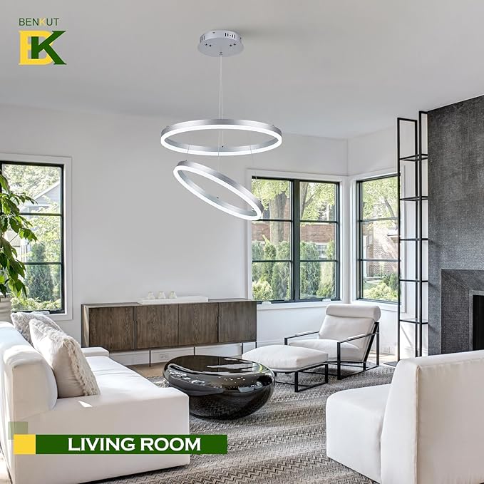 2-Rings Modern LED Chandelier Silver for Dining Room, Circular Flush Mount Ceiling Chandelier Light Dimmable Pendant Light with Remote Control for Living Room Entrance Foyer, 3000K-6500K