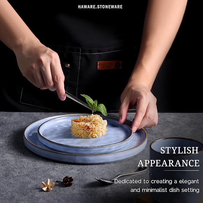 HaWare Dinnerware Sets, 16-Piece Stoneware Plates and Bowls Set, Elegant Ceramic Dish Set for 4, Chip and Scratch Resistant, Microwave and Dishwasher Safe, Reactive Blue