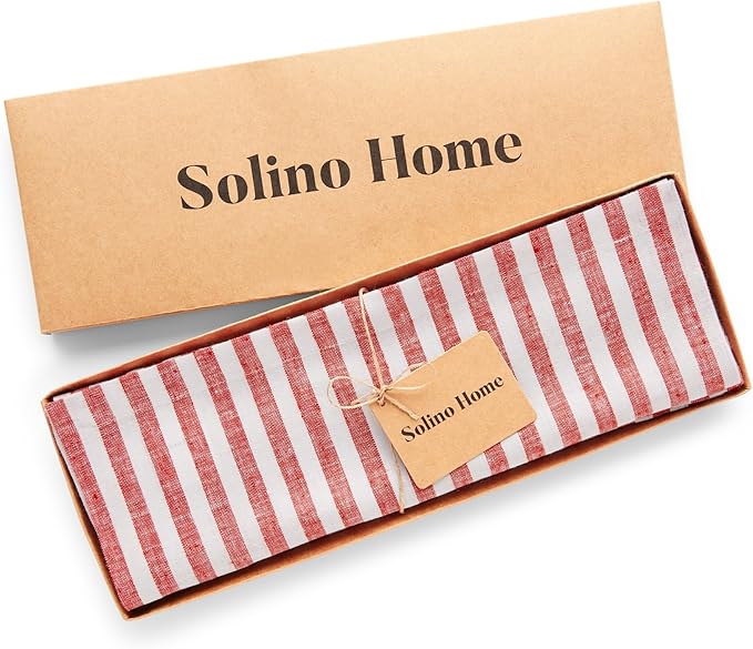 Solino Home Linen Placemats Set of 4 - Amalfi Stripe Red and White Placemats 14 x 19 Inch - 100% Pure Linen Place Mats