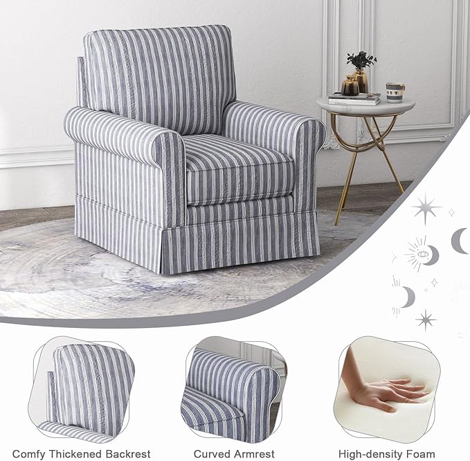 INZOY Swivel Accent Chair Linen Mid Century Modern Chair, Comfy Swivel Barrel Reading Chair, Upholstered Square Chair for Living Room Bedroom Small Spaces, Fully Assembled, Blue Stripe