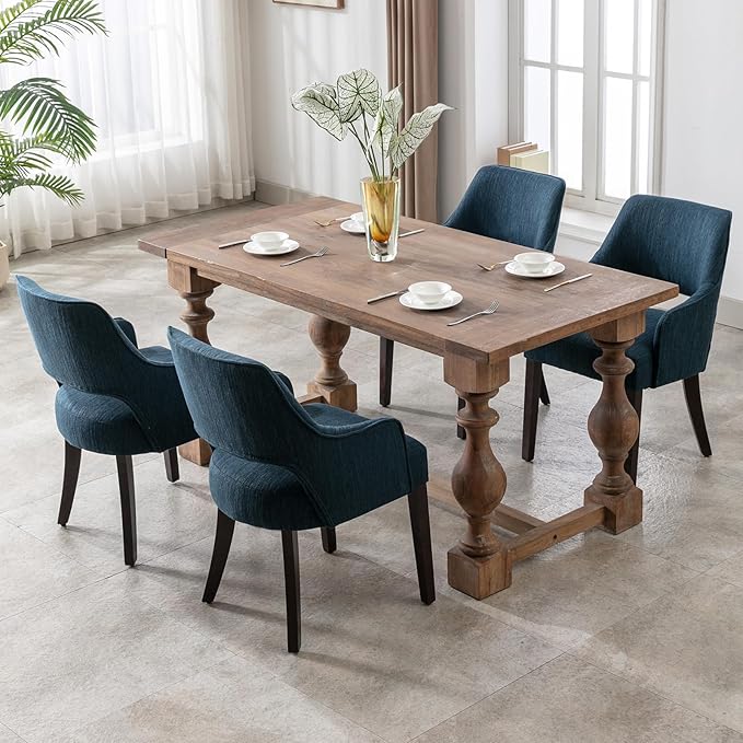 Linen Dining Chairs Set of 4 Upholstered Farmhouse Kitchen Chair Accent Chairs Side Chair with Wood Legs for Living Room/Dining Room/Bedroom/Restaurant, Blue