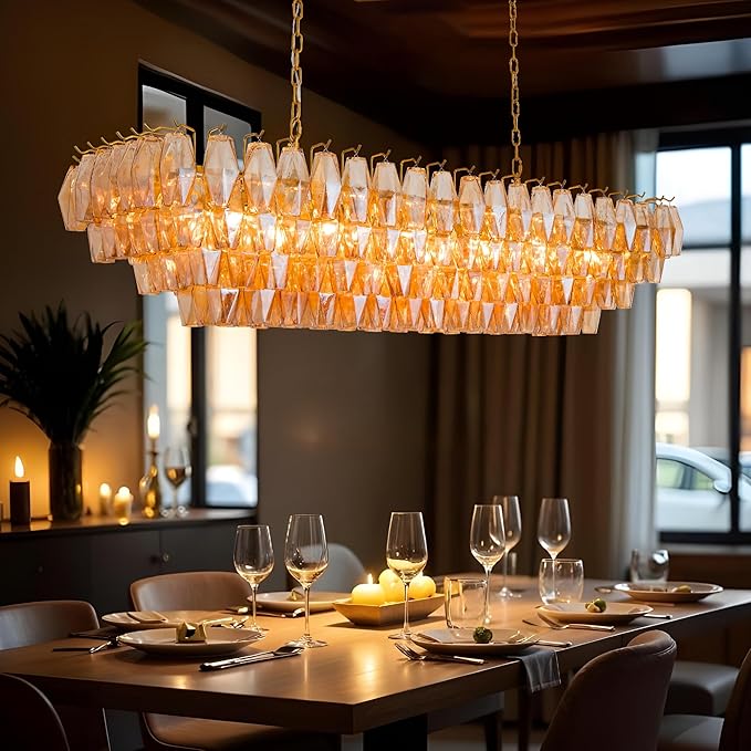 54" Gold Rectangular Chandeliers for Dining Room, 12-Light 4 Tiered Large Smoke Glass Brass Chandelier, Modern Kitchen Island Farmhouse Hanging Light Fixture for Living Room Foyer