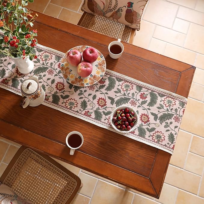 Designer Provence Elegant Linen Table Runner 71 Inches Long,Flower and Leaves Pattern Durable Table Runners for Dining Tables,Thanksgiving,Kitchen Tables,Christmas,12"*71"-Ratina
