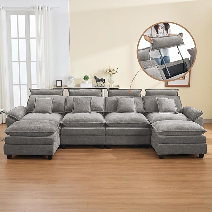 134'' Cloud Modern 4 Seater Couch with Detachable Headrest, Modular Sectional Sofa with 2 Ottoman, Oversized U Shape Chenille Comfy Sofa with Armrests for Living Room, Light Grey