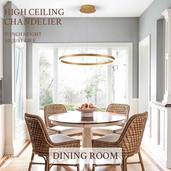 Modern LED Pendant Lighting 24'' Ring Chandelier Gold Dimmable LED Chandelier for Dining Room 36W Adjustable Pendant Light Fixture for Living Room Bedroom Home Office Foyer, 3000-6500K