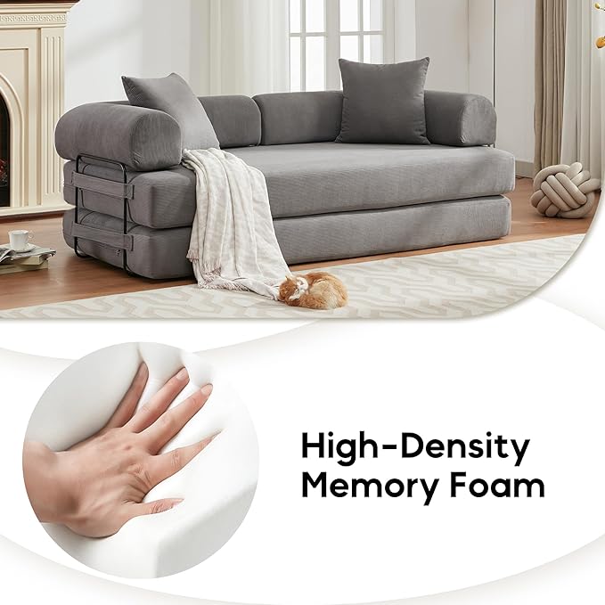 Convertible Sleeper Sofa Bed with Cylindrical Pillow, Corduroy Folding Mattress Couch with Fixed-Shape Frame, Floor Sofa Lounge Couch for Living Room Bedroom Lounge Studio-Grey