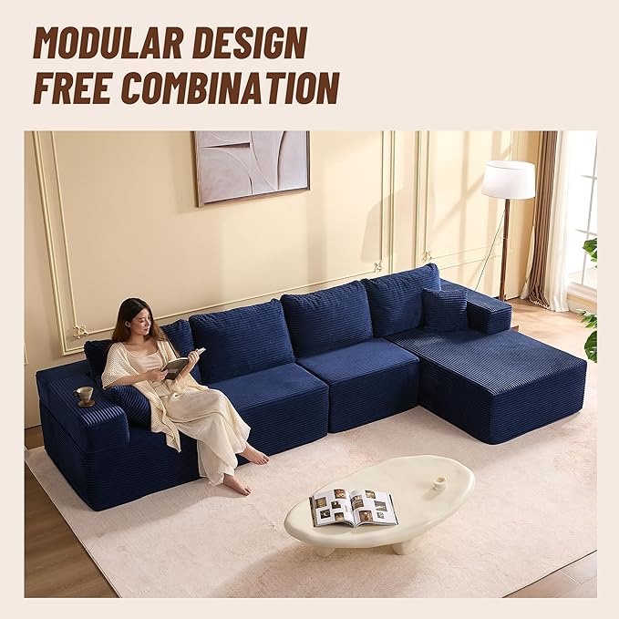 138" Boneless Couch with Deep Seat, Modular Sectional Sofa, Cloud Sectional Couch for Living Room, No Assembly Required, Corduroy, 4 Seater L-Shape Right, Blue