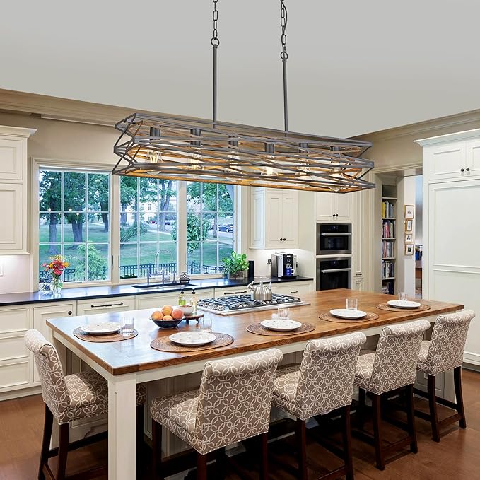 40''Large Farmhouse Rectangular Chandeliers for Dining Room,6-Light Black Matte Dining Light Fixture,Modern Industrial Pendant Lights Kitchen Island,Linear Chandelier with Retro Wood Texture Interior