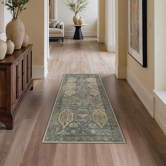 GENIMO 2x5 Runner Rugs for Hallway, Machine Washable Non Slip Vintage Rugs, Low Pile Lightweight Soft Print Rug for enrtyway, Corridor, Home Office, Kitchen, Sage Teal