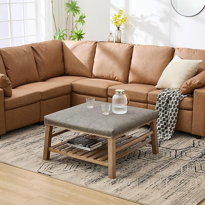 Large Square Coffee Table with Storage,Modern Faux Leather Ottoman Coffee Table,Luxury Upholstered Couch Table for Living Room/Sofa/Bedroom,Grey