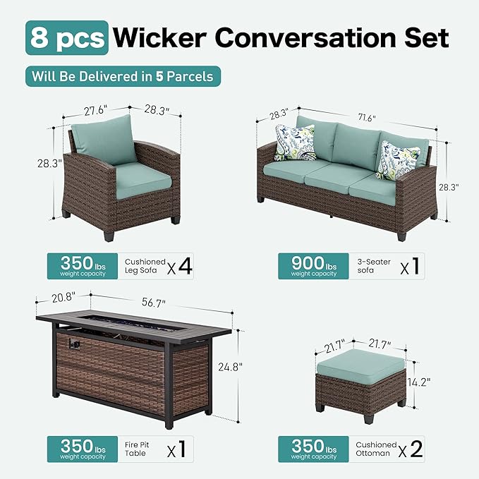 Patio Furniture Set Outdoor Furniture Brown Wicker Rattan Patio Conversation Sets with Cushion Outside Sofa Set,7 Pieces with Rectangular Firepit Table,9 Seats,Blue