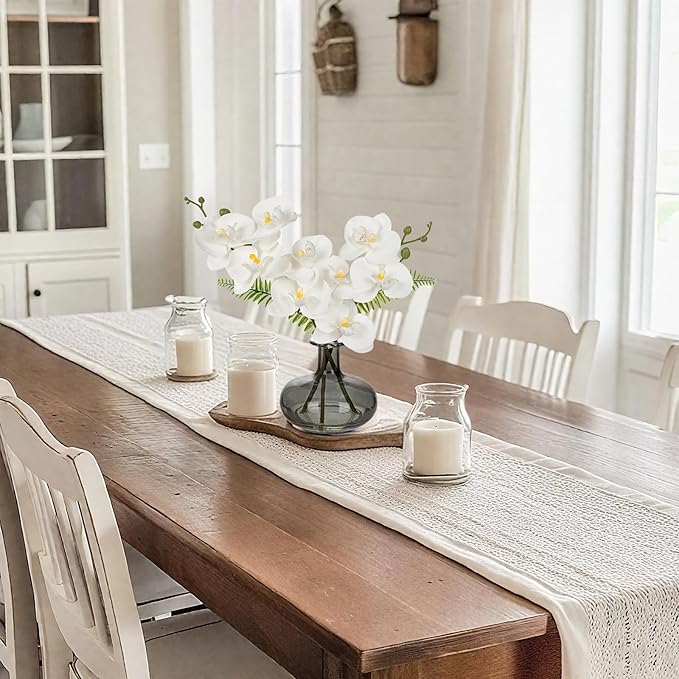 White Orchids Artificial Flowers with Vase, Small Faux Orchid Arrangement Fake Flower in Woven Glass Vase Black and White Decor Small White Centerpieces for Kitchen Dining Room Tables Bathroom Decor