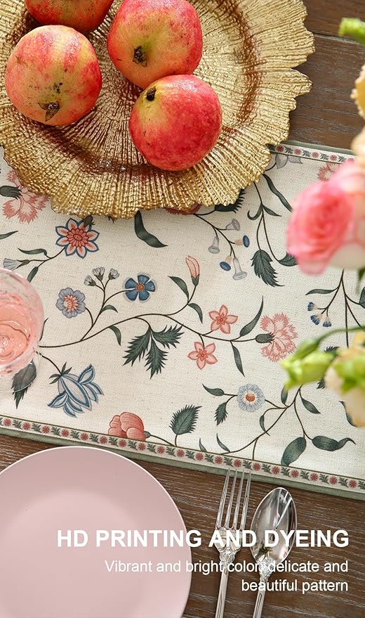 ISAENNE Designer Chinoiserie Elegant Linen Floral Table Runner 71 Inches Long,White Wrinkle Resistant Table Runners for Dining Tables,Thanksgiving,Kitchen Tables,Christmas,12"*71"-Daffy A