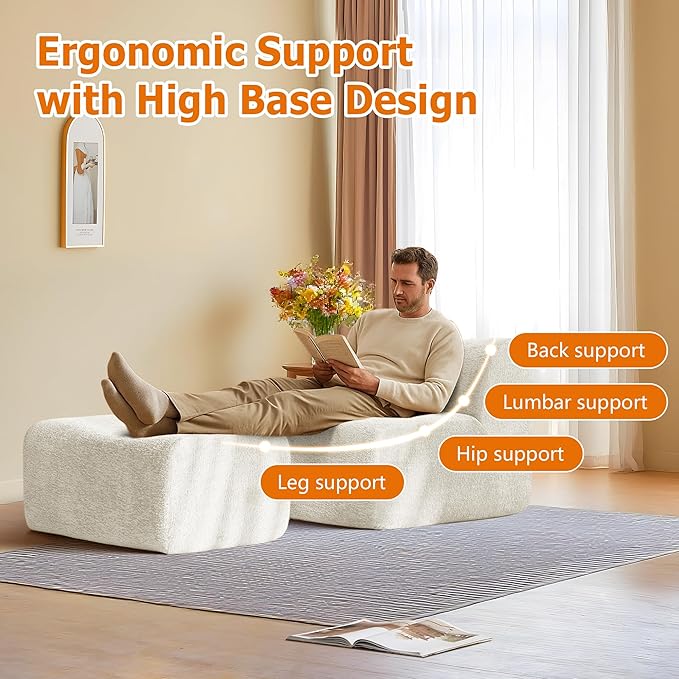 Lazy Sofa Chair, Modern Comfy Raindrop Velvet Fabric Deep Seat Armless Lounge Chair Movable Ottoman Set, 1-Seater Modular Sectional Sleeper Couch for Living Room, Bedroom, Office, Salon, Beige