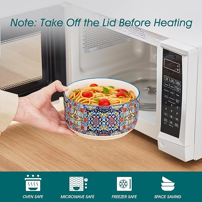 vancasso 36 oz Ceramic Bowls with Lids Set of 4, 6 Inch Food Storage Containers & Prep Bowls for Leftovers, Soup, Cereal, Meal Prep, Office Lunch, Microwave & Dishwasher Safe, Series SIMI