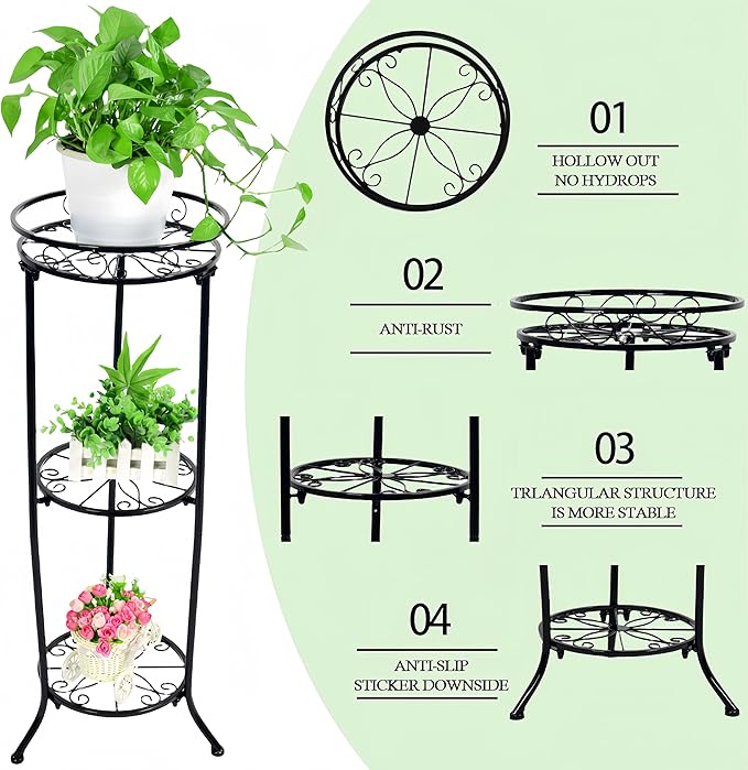 Plant Stand Indoor Outdoor, 3 Tier Tall Black Metal Plant Stands, 35 inch Round Multiple Plant Rack Holder Rack Flower Pot Stand Heavy Duty Plant Shelf for Patio Balcony Garden Living Room