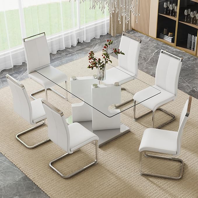 Glass Dining Table Set for 6, 63" White Dinner Room Table Set for 6, Modern Kitchen Table with 6 Upholstered PU Leather Dining Chairs for Dining Room