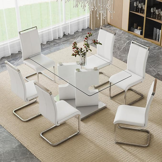 Glass Dining Table Set for 6, 63" White Dinner Room Table Set for 6, Modern Kitchen Table with 6 Upholstered PU Leather Dining Chairs for Dining Room
