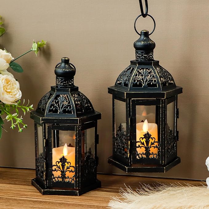TRIROCKS Set of 2 Vintage Decorative Lanterns 9.5" H Hanging Lantern Metal Candleholder with Tempered Glass for Indoor Outdoor Home Decor Parties Garden Events Wedding(Black with Gold Brush)