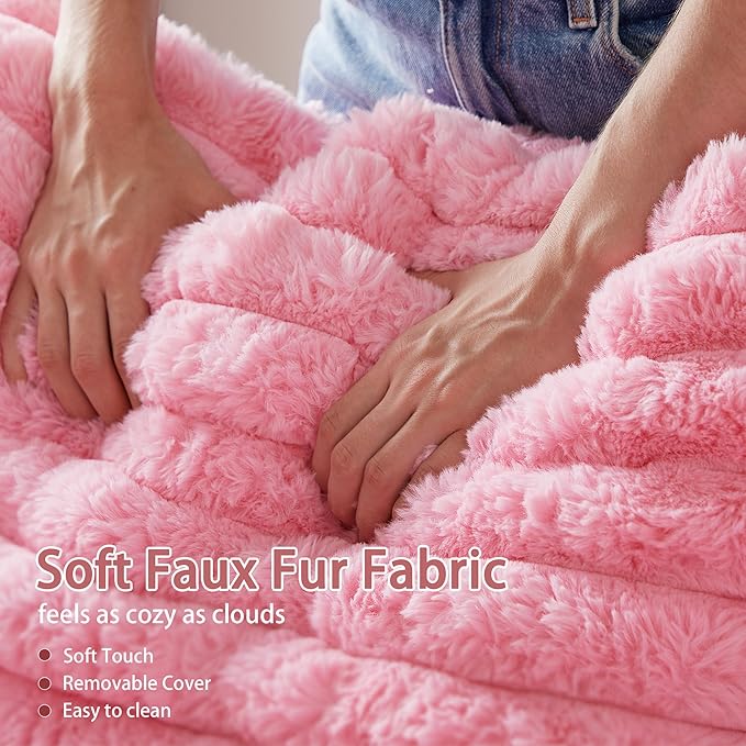 RARZOE 64'' Oversized Chaise Lounge Chair Indoor, Plush Faux Rabbit Fur Sleeper Sofa Bed with 4 Pillows, Charging Station & Cup Holders, Fluffy Comfy Cloud Couch Loveseat Sofa for Living Room,Pink