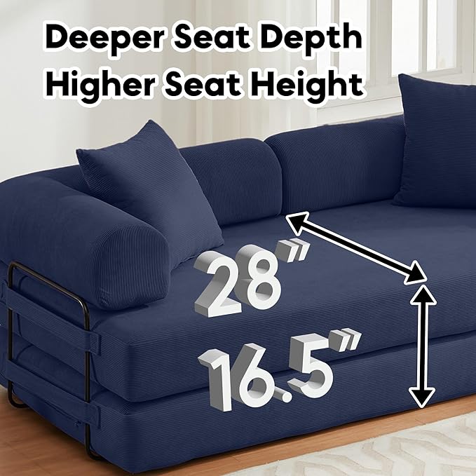 Convertible Sleeper Sofa Bed with Cylindrical Pillow, Corduroy Folding Boneless Couch with Fixed-Shape Frame, Floor Sofa Lounge Couch for Living Room Bedroom Lounge Studio-Blue