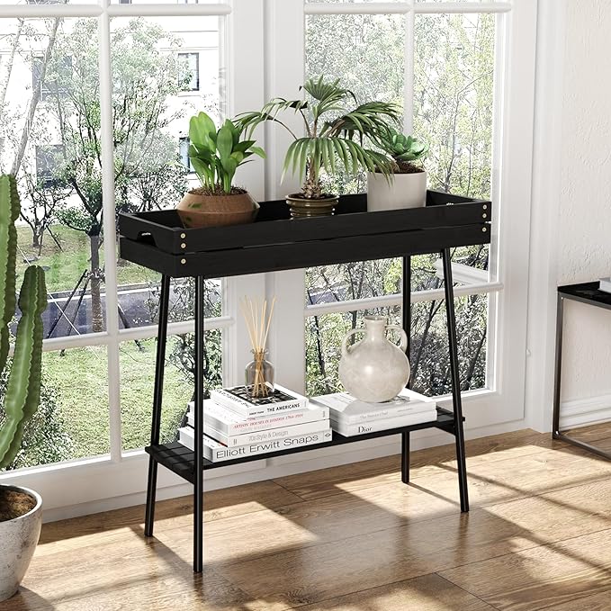 BAMBANG Bamboo Plant Stand Indoor, 2 Tier Small Plant Table, Tall Plant Stand for Indoor Plants, Window Sill Plant Shelf, Flower Pot Holder Plant Bench Plant Rack for Living Room Outdoor, Black