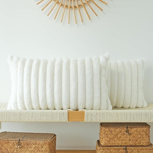 JOJUSIS Pack of 2 Faux Fur Plush Decorative Throw Pillow Covers Couch Cushion Case Soft Pillowcases (White, 12 x 20-Inch)