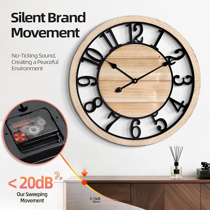 LEIKE 24 Inch Large Wall Clock - Rustic Wooden Silent Non-Ticking Wall Clock with Black Metal Frame, Vintage Farmhouse Decorative for Living Room, Bedroom, Kitchen - Arabic Numerals, Modern Design