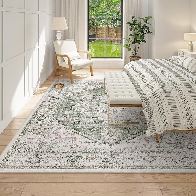LIVEBOX Washable 9x12 Area Rugs, Large Rugs for Living Room Boho Soft Non-Slip Rug, Low-Pile Vintage Medallion Rug, Retro Indoor Carpet for Dining Room Bedroom Office Sage Green