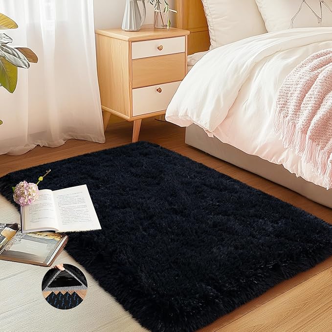 Black Area Rug for Bedroom, 2x3 Small Rugs for Living Room Nursery Kids Room Dorm Home Decor Aesthetic, Fluffy Shaggy Rug with 4 Anti-Slip Carpet Tapes