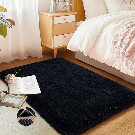 Black Area Rug for Bedroom, 2x3 Small Rugs for Living Room Nursery Kids Room Dorm Home Decor Aesthetic, Fluffy Shaggy Rug with 4 Anti-Slip Carpet Tapes