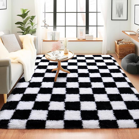 Black and White Checkered Rugs for Bedroom, Ultra Fluffy Fuzzy Shag Area Rug for Living Room 5x7, Modern Plush Soft Upgrade Non-Slip Carpet for Kids Girls and Boys Room Dorm Nursery Home Decor