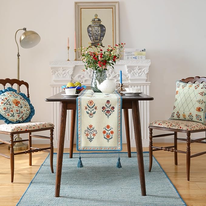 ISAENNE Designer Light Green Linen Extra Long Table Runner 118 Inches,French Floral Patterns Elegant Table Runner for Dining Tables,Thanksgiving,Kitchen Tables,Christmas,12"*118"-Floralsea B