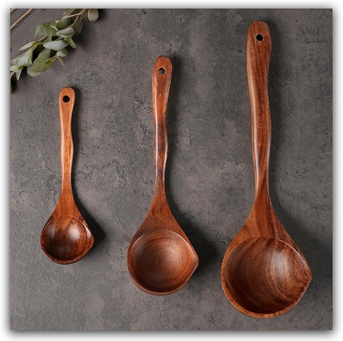 Wooden Ladle Spoon Set, 3 Size Teak Large Soup Ladel Wood Spoons for Cooking Serving Spoon Ladles Wooden Cooking Spoon Long Handle Mixing Spoon Ladle