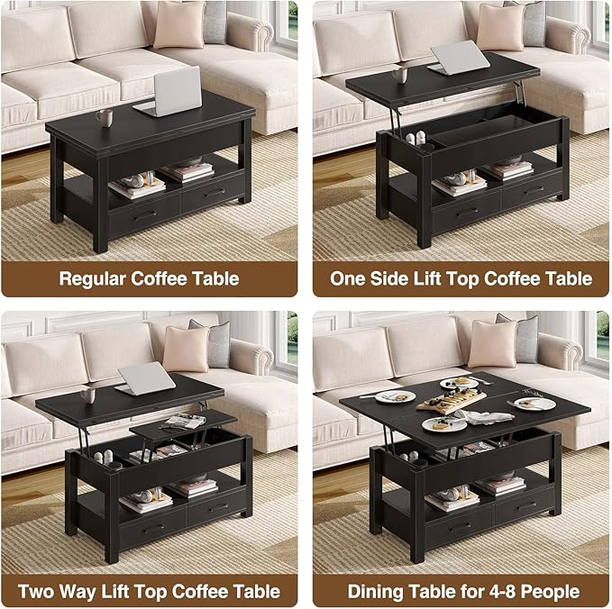Rolanstar Coffee Table Lift Top, Multi-Function Convertible Coffee Table with Drawers and Hidden Compartment, Converts to Dining Table for Living Room, Home Office,Black