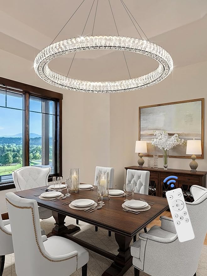 Dimmable LED 47.5" Large Ring Pendant Light Modern Black Crystal Chandelier Adjustable Round Crystal Chandelier Light for Dining Room Living Room