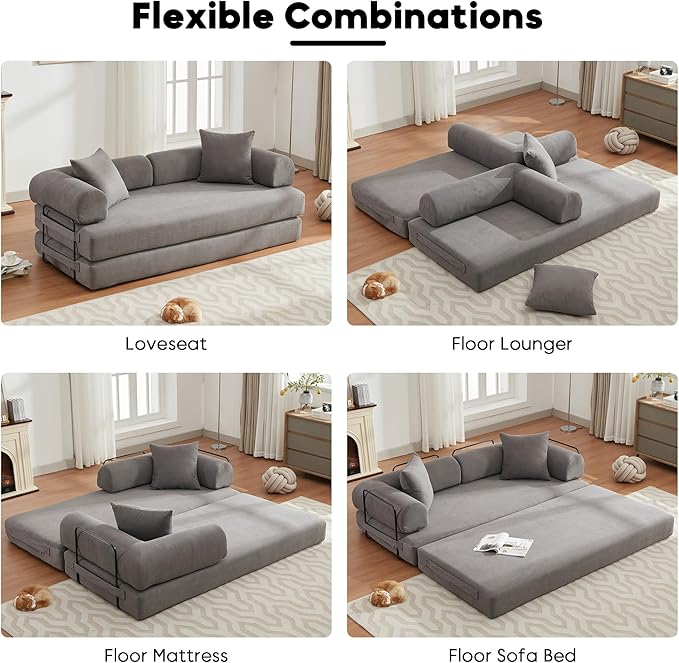Convertible Sleeper Sofa Bed with Cylindrical Pillow, Corduroy Folding Mattress Couch with Fixed-Shape Frame, Floor Sofa Lounge Couch for Living Room Bedroom Lounge Studio-Grey