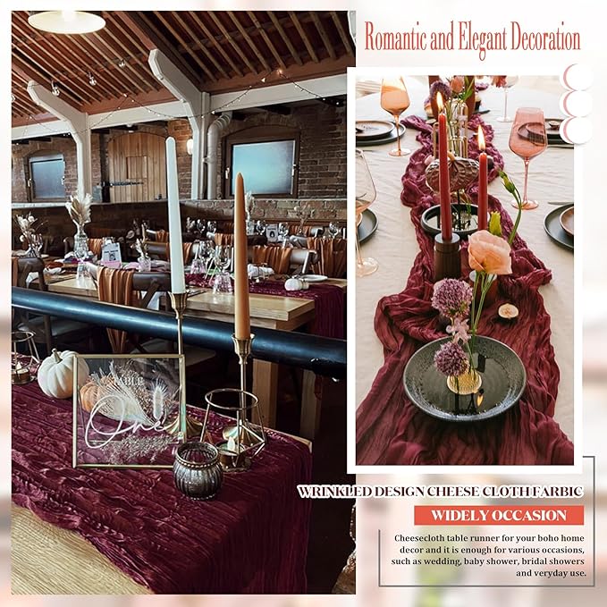 8 Pack 10 ft Burgundy Cheesecloth Table Runner 35x120 Inches Boho Gauze Rustic Cheese Cloth Runners Long Romantic Sheer Table Runner for Wedding Bridal Shower Party Christmas Birthday Decor